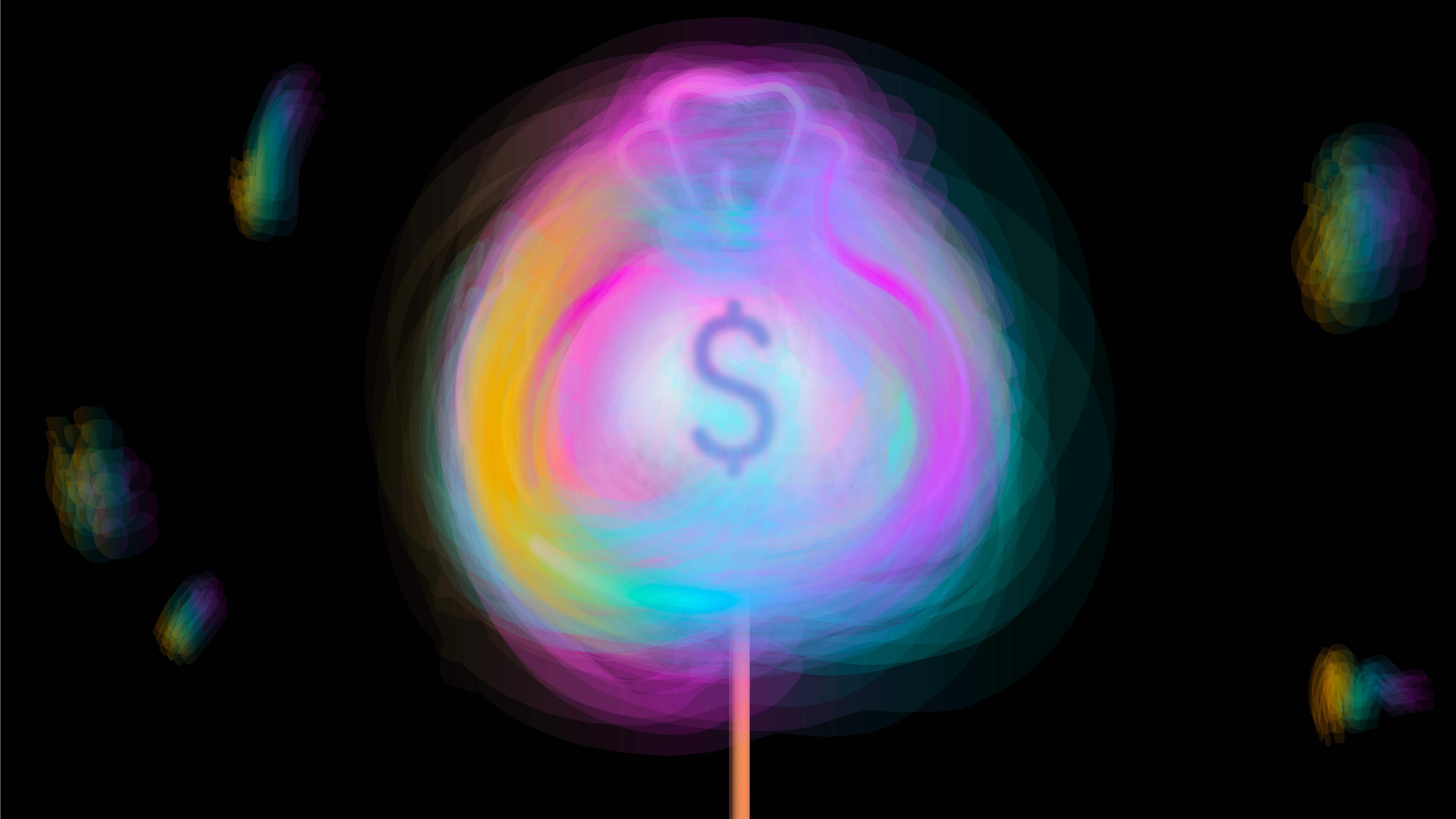 Illustration of a rainbow candyfloss with the dollar sign in the middle. Drawn on a black background with little pieces of the candyfloss floating around.
