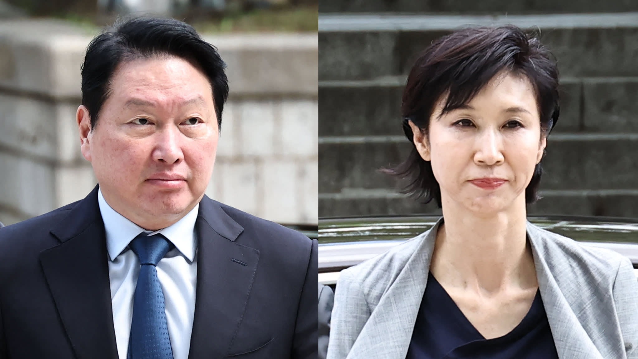 Montage of Chey Tae-won and Roh Soh-yeong entering a courthouse